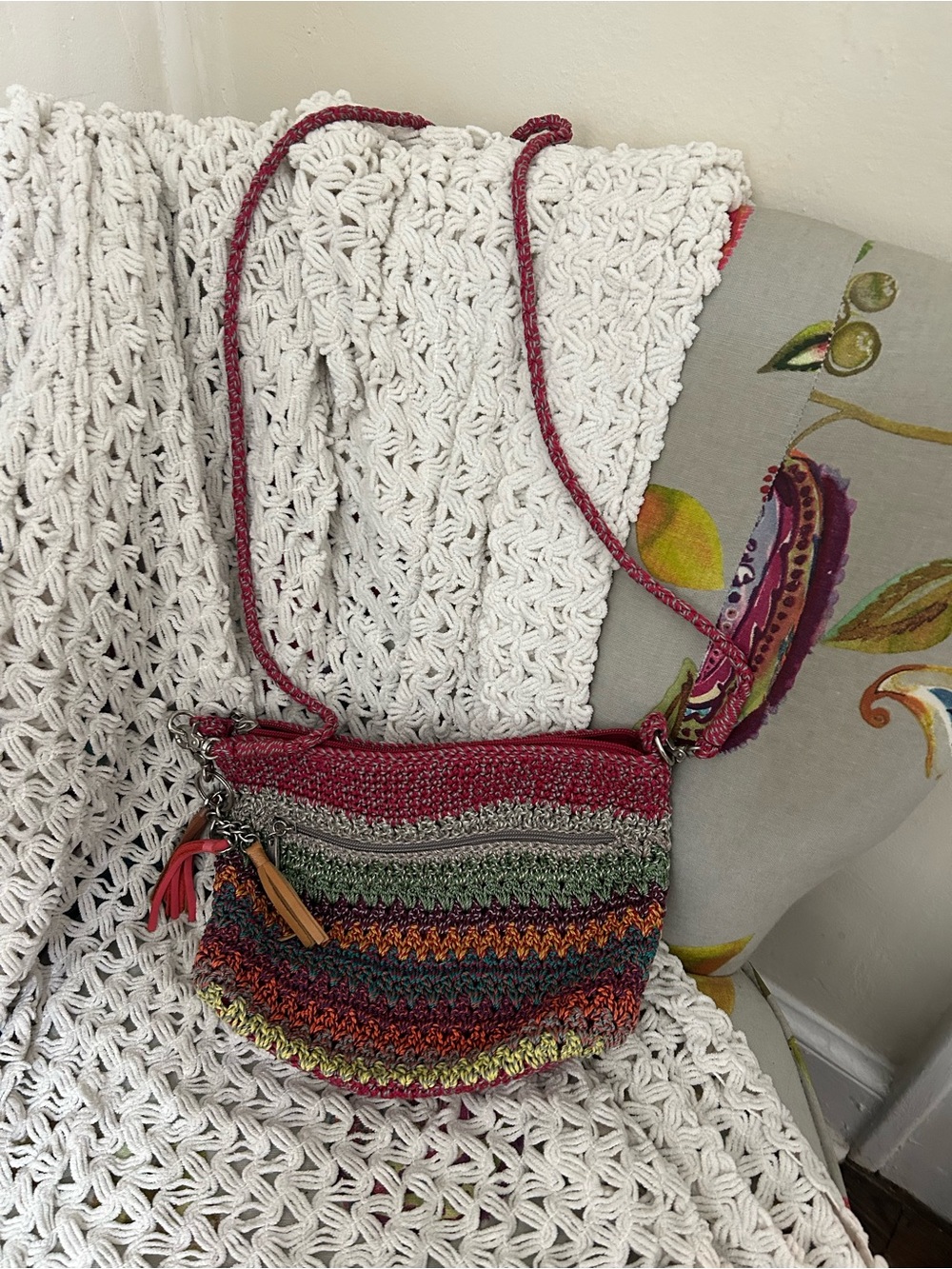 THE SAK lumi crochet rainbow crossbody bag purse tasseled boho earthtones